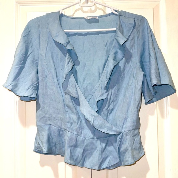 Sage The Label Blue Flutter Sleeve Top Blouse V Neck Wrap style Sz Large Peplum - Picture 1 of 9